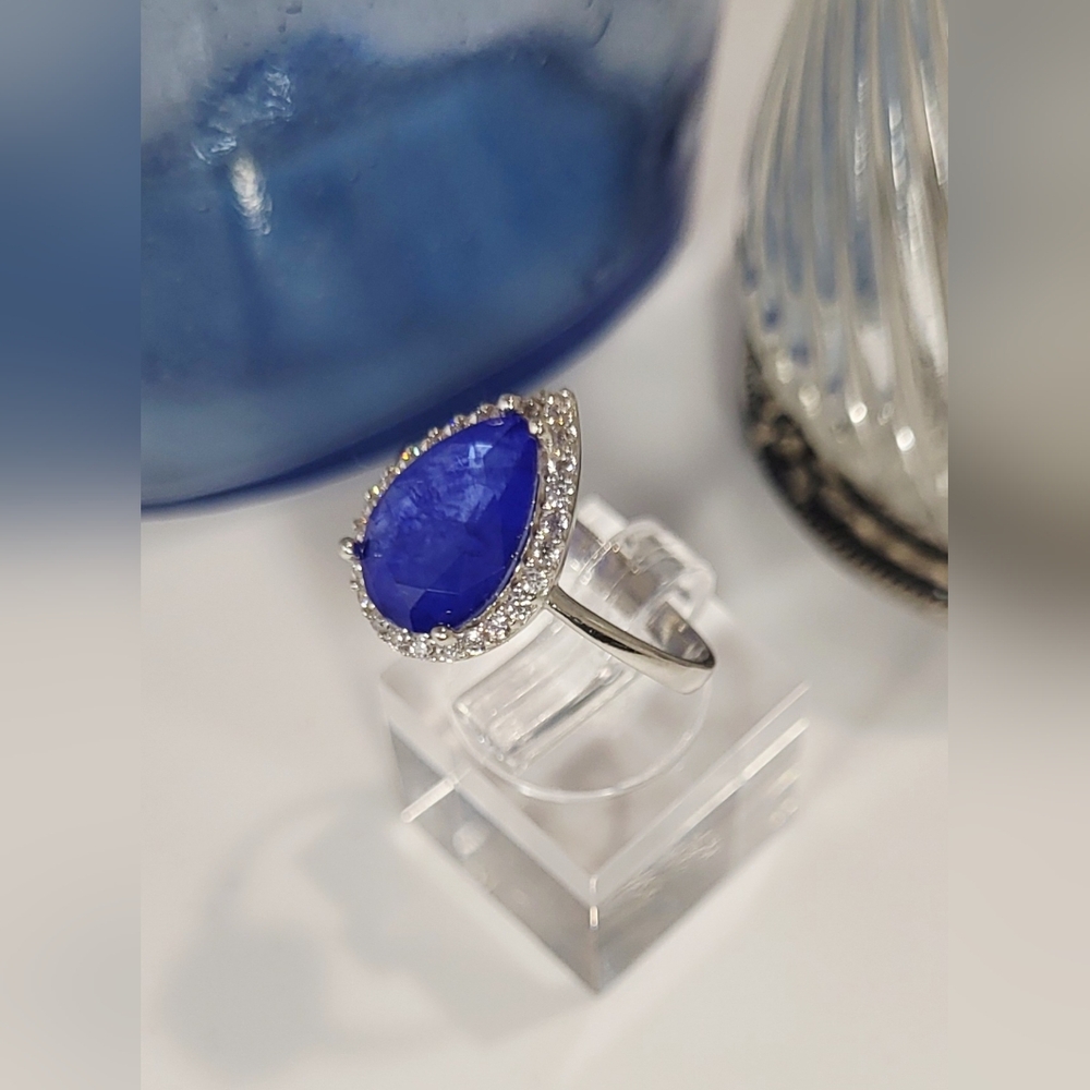 Deep Ocean Blue CZ Sterling Silver Teardrop Ring Size 8 NEW